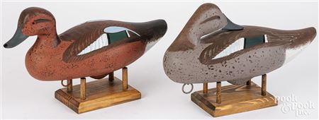 Pair of green wing teal duck decoys