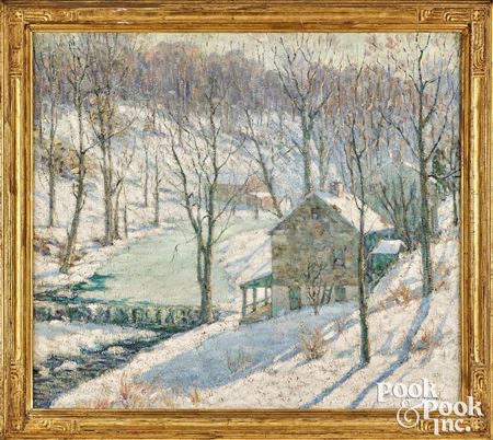 Impressionist winter landscape with river and farmhouses