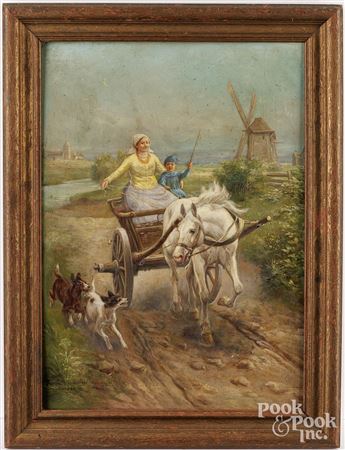 Woman and child in a horse drawn cart