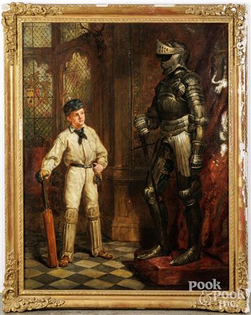 Boy in Cricket Outfit Standing Next to a Suit of Armor