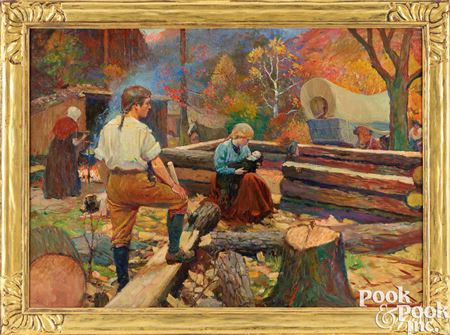 Illustration of a colonial couple building a log cabin