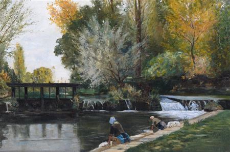 RIVER LANDSCAPE WITH WASHER WOMEN IN THE FOREGROUND