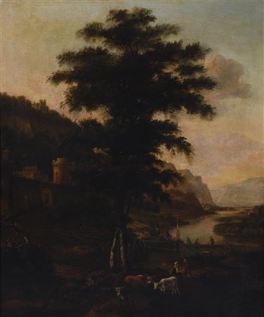 LANDSCAPE WITH CATTLE IN THE FOREGROUND AND CASTLE IN THE BACKGROUND
