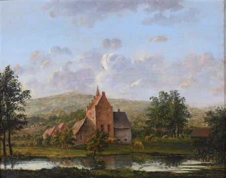 LANDSCAPE WITH FARMHOUSE AND SHEEP