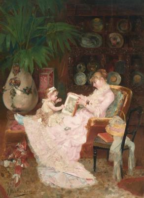 Mother and child reading in the drawing room