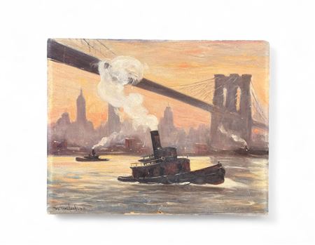 Tugboat below the Brooklyn Bridge, 1943