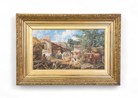 Townspeople cutting and bundling hay by Roman Navarro Garcia - Auction record, sale price, and art valuation. Compare with similar artists and explore comparable artworks.