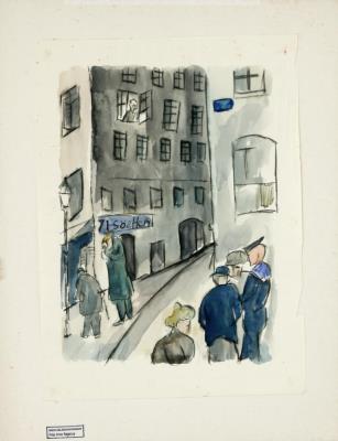 Stadtlandschaft mit Personen.