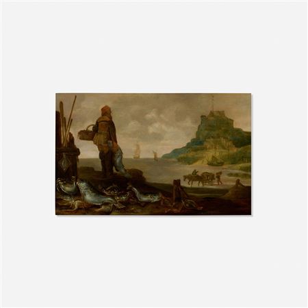 A beach scene with fishermen and a still life of fish in the foreground