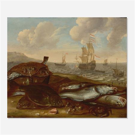 Seascape with various vessels, with fish in foreground