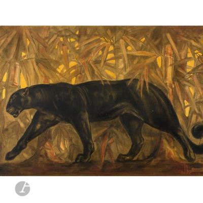 Panther walking among bamboos