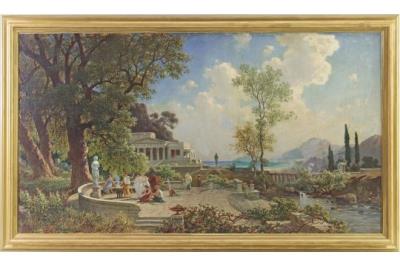 Depiction in Ancient Greece with a sacrificial ceremony by women and men in a temple complex in a seaside bay