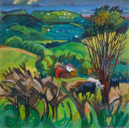 Landscape with cottages and green rolling hills by Michael O'Neill - Auction record, sale price, and art valuation. Compare with similar artists and explore comparable artworks.