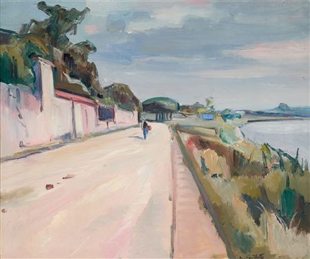 Three paintings including 'Route au bord d'une rivière'