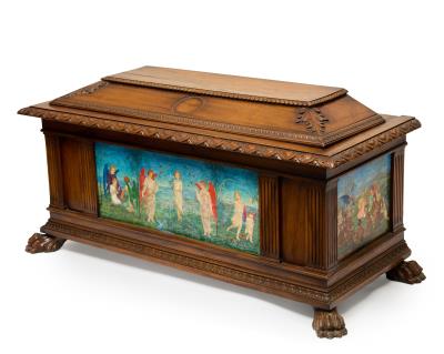 Cassone decorated with three panels: Visited by Angels; Gathering Spring Flowers; Among Children by Daphne Constance Allen - Auction record, sale price, and art valuation. Compare with similar artists and explore comparable artworks.