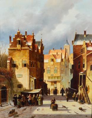 A Dutch street scene, with figures at a market stall