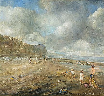 Expansive beach scene with figures, signed and dated 1987