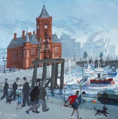 Cardiff Bay with figures and The Pierhead Building