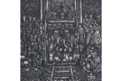 Group of miners standing around a hoist