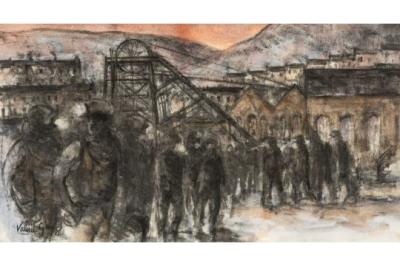 Coliery with Miners Grouped in Front of a Large Pit-head