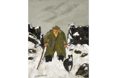 Farmer and Sheepdog Walking Through the Snow by Owen Meilir - Auction record, sale price, and art valuation. Compare with similar artists and explore comparable artworks.