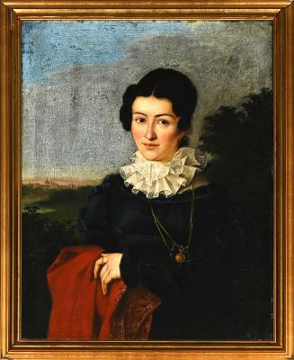 Woman with Dark Gown and Lace Collar with Landscape Behind