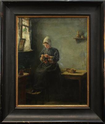 Young Dutch Girl with Knitting Work in the Interior