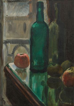 Still Life with Green Bottles and Apples