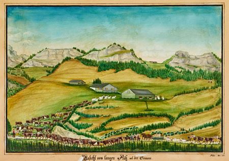 Ansicht vom langen Fluss mit der Sennerei" ("View of the long line to the Alpine dairy")