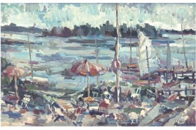 View of the terrace of the Schulau ferry house and the Elbe