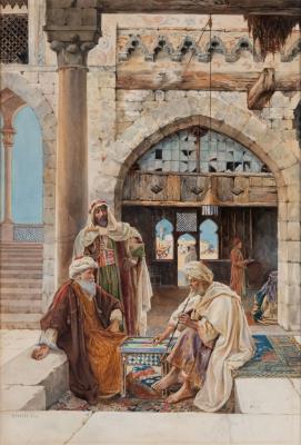 Three men seated in a Moorish courtyard playing a game
