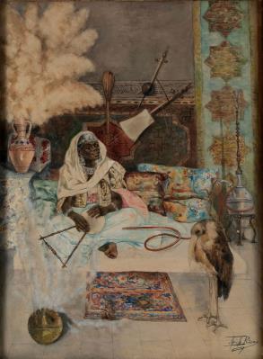 Interior scene of a woman playing a lute, surrounded by tapestries, a hookah and a marabou