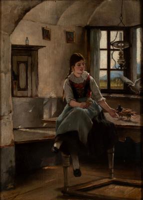 Genre scene of a young woman seated on a table, feeding birds coming through an open window