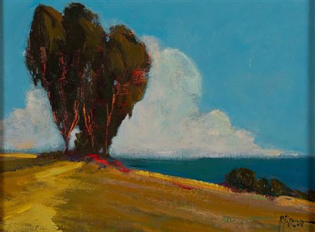 Single tree on a hill beside the sea