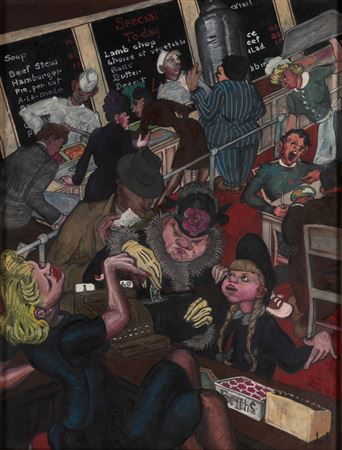 Active cafeteria scene with caricature figures