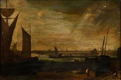 Ships at port with figures