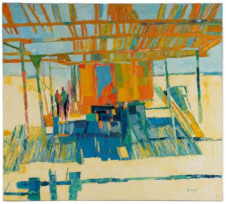 Abstract structure on the beach with shade cast across the sand, two figures