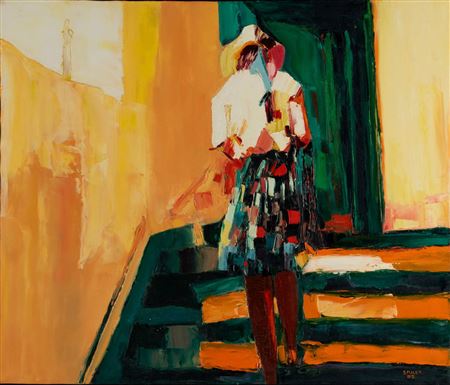 A young woman ascends a staircase, head bent forward, a blue ribbon in her hair