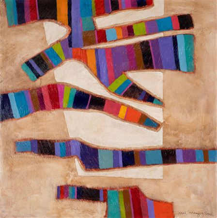 Tan and cream field interspersed with bands of color