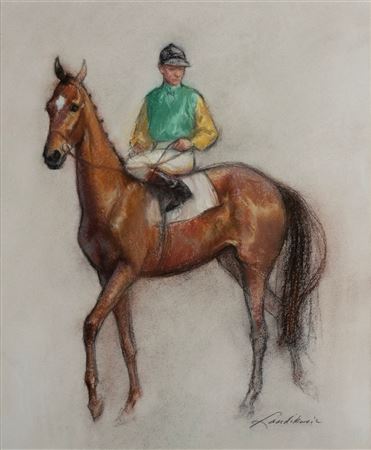 Jockey in Green Vest with Yellow Sleeves on Horseback