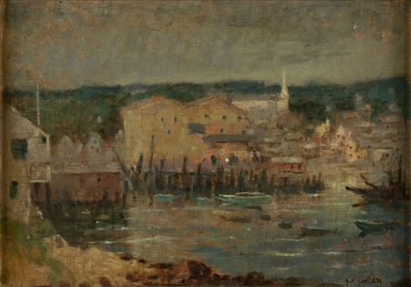 Impressionist city harbor scene