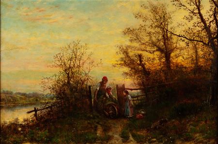 Country landscape showing a woman with children approaching through a gate
