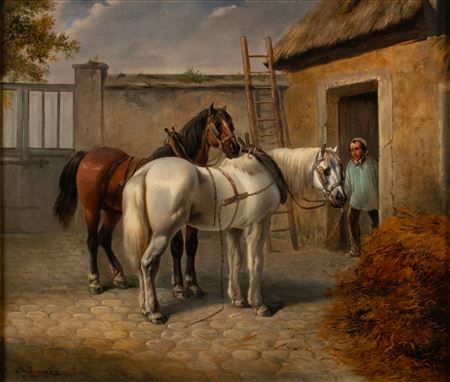 Man with two horses in a stable yard