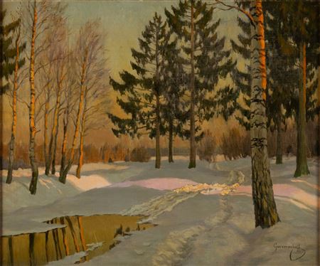 Winter snowy forest landscape with reflections