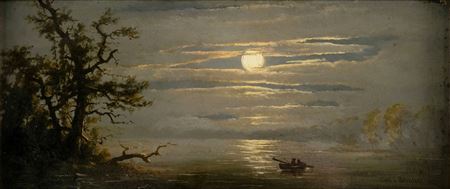Moonlight landscape with two figures in a rowboat