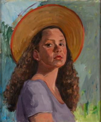 Half-length portrait of a young woman in a hat