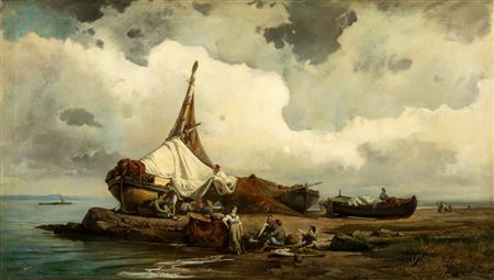 "Boats and fishermen on the beach", 1868