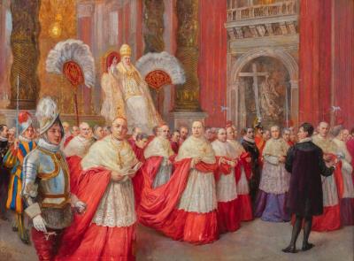 Pontiff Pius XI in the gestatorial chair in St. Peter's Basilica at the Vatican