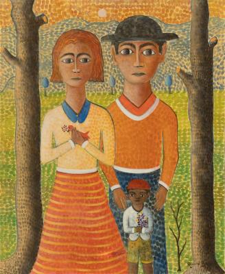 Sample artwork by Miguel Rivera Bagur (1919 - 1993), known for folk art style landscape and figure in landscape - View similar artists and auction records