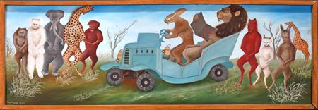 Sample artwork by Jasmin Joseph (1924 - 2005), known for surreal, tropical landscape, figures, animal, anthropomorphic painting, sculpture - View similar artists and auction records
